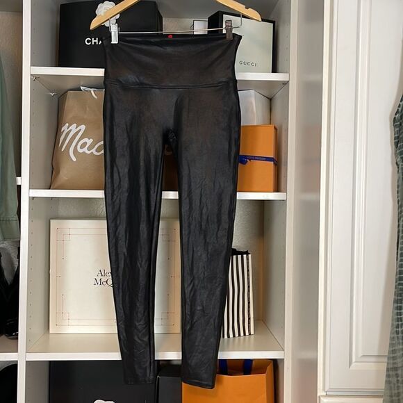 SPANX black faux leather look, high waisted leggings.  Medium - Picture 4 of 11